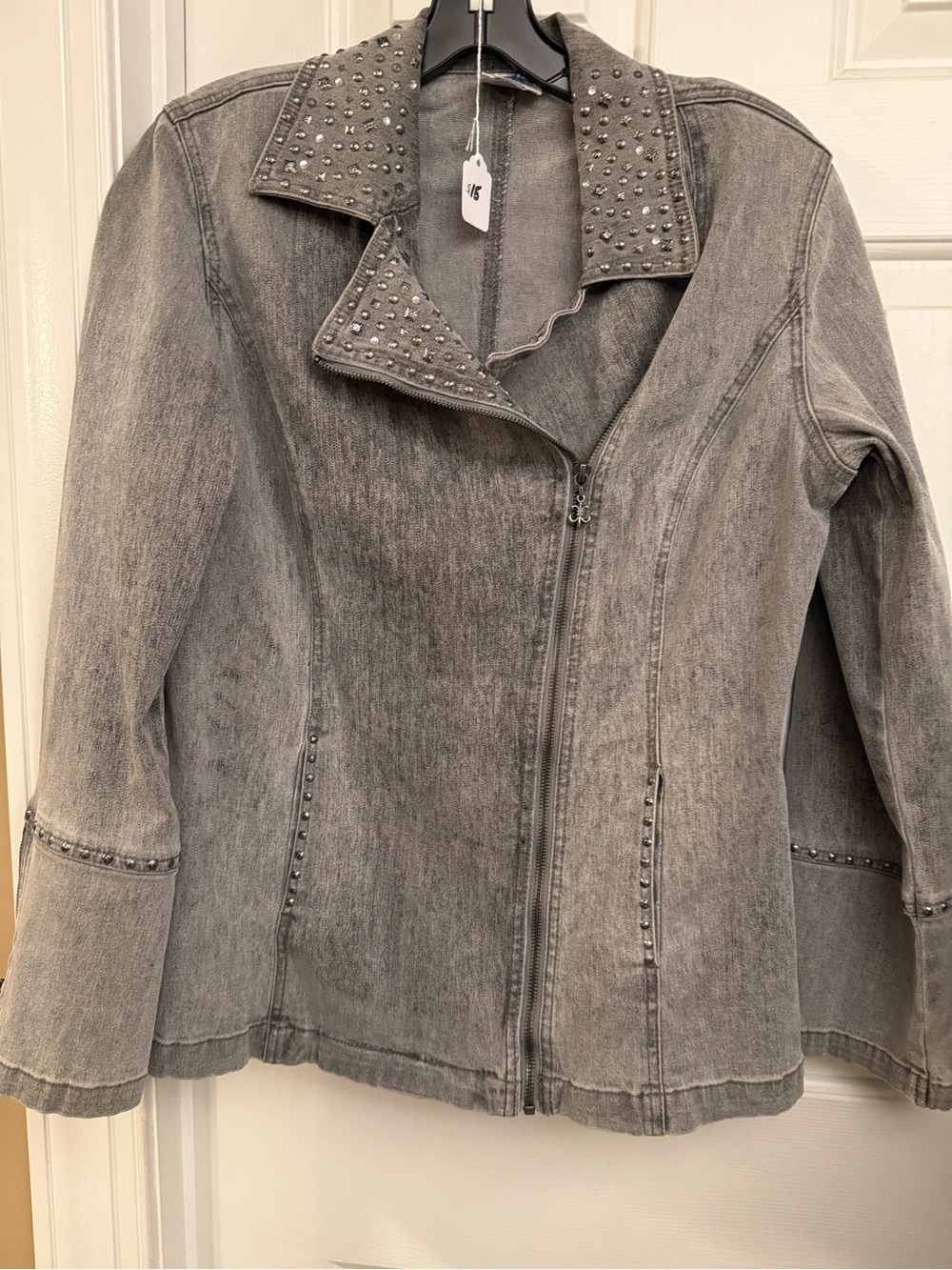 DG2 by Diane Gilman Gray Studded Moto-Style Denim Jacket